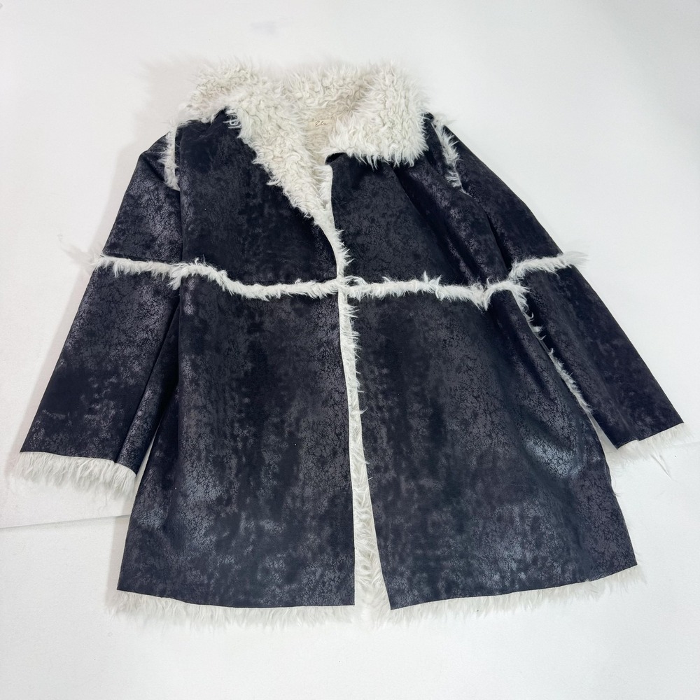 Elan Coat Womens Medium‎ Black Faux Shearling Fur Trim Open Front Mid Length